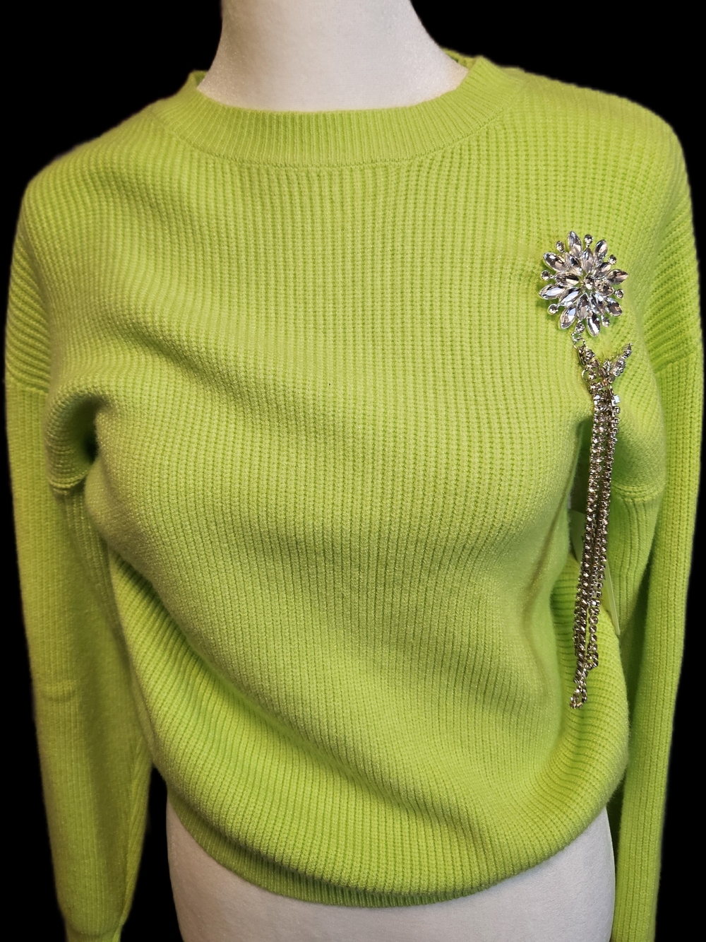 SM- Twelfth Crystal Floral Brooch Pin in Silver with Lime Green SWEATER NWTs